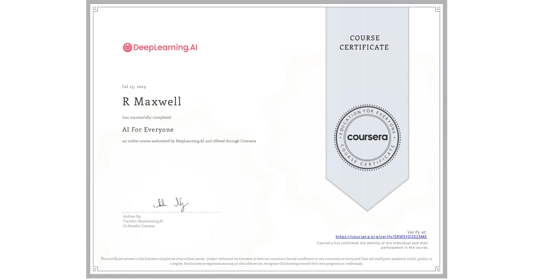 AI For Everyone certificate