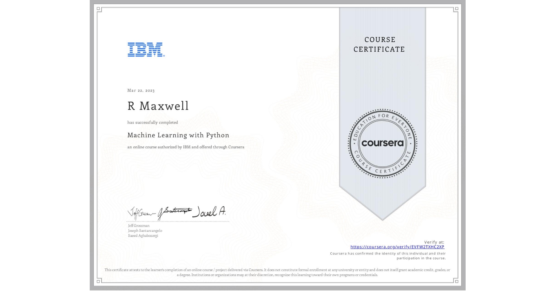 Machine Learning with Python certificate